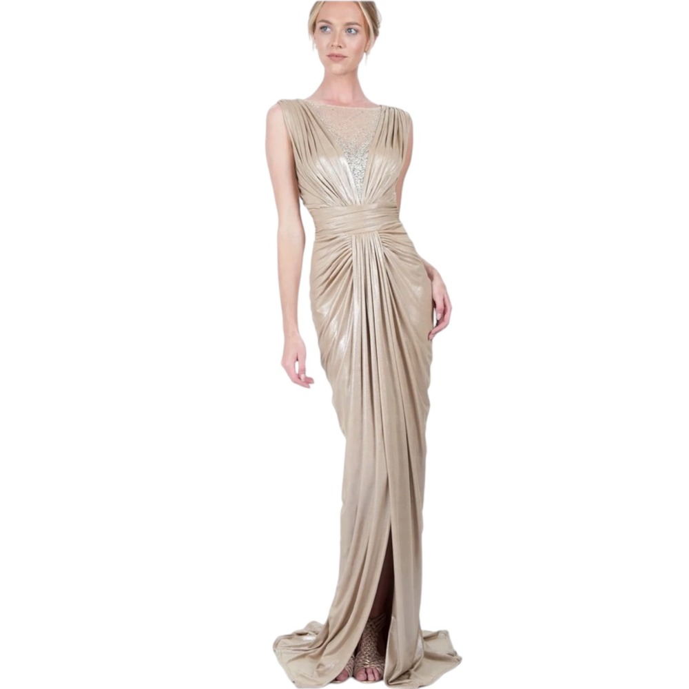 Tadashi Shoji Metallic Jersey Draped Rhinestone Tulle Gown Large Gold Champagne